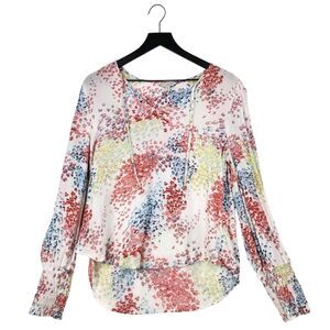 Lucky Brand Blouse Top Medium Abstract Boho Cottagecore Artsy Ruched Cuffs Flowy
